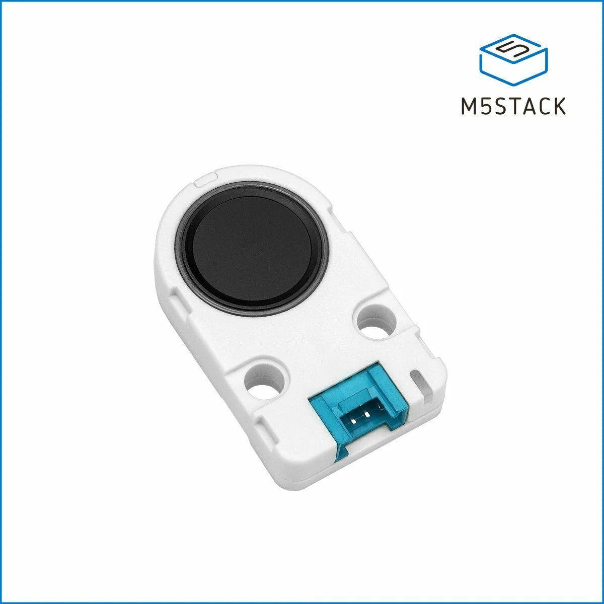 M5STACK Weiß-schwarze elektronische Sensorkomponente mit einem kleinen rechteckigen Anschluss am unteren Ende.