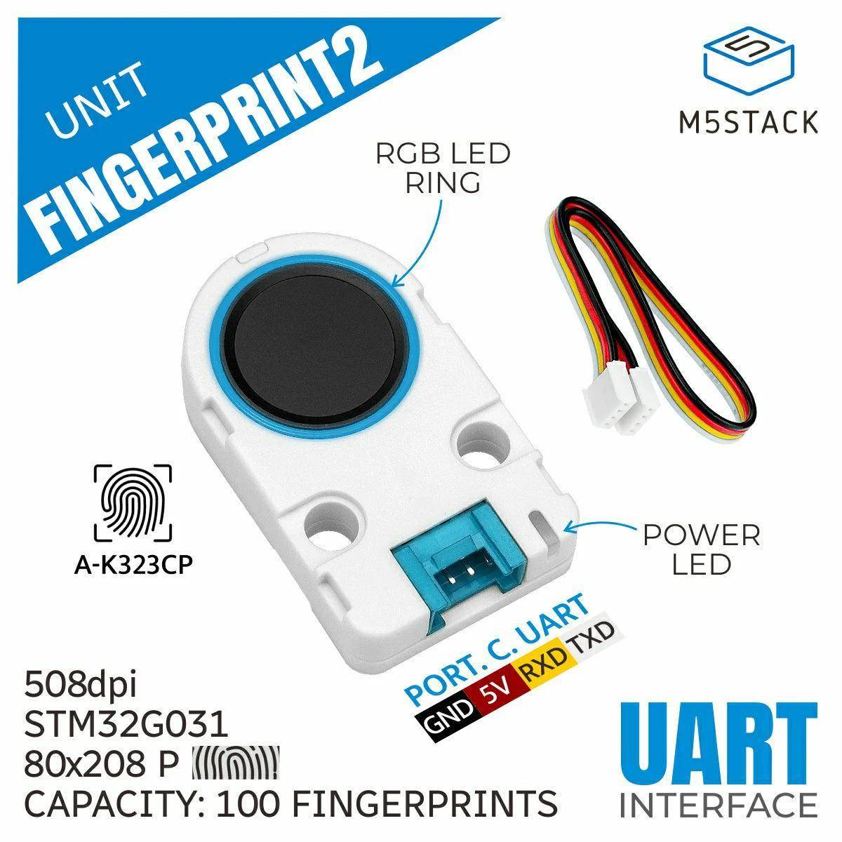 FINGERPRINT2'-Modul mit RGB-LED-Ring, Power-LED, UART-Schnittstelle und Unterstützung für 100 Fingerabdrücke. Inklusive Anschlussverbinder.