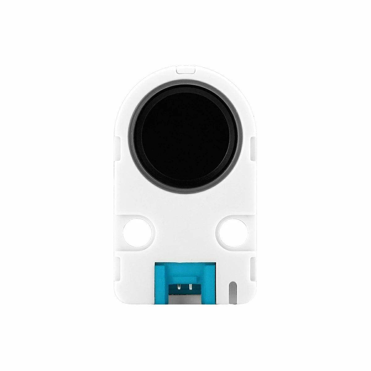 Ein weißes, rechteckiges elektronisches Sensormodul mit einer kreisförmigen, schwarzen Linse und einem blauen Anschluss am unteren Ende, das in Erkennungssystemen verwendet wird.