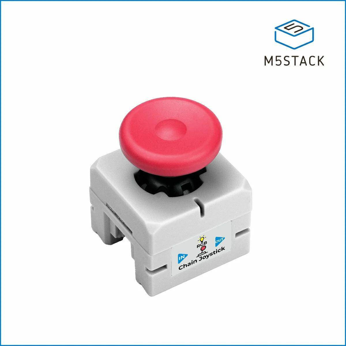 Roter Joystick-Knopf, beschriftet mit 'Chain Joystick' auf einem kleinen grauen Modul, mit der Markenbezeichnung 'M5STACK' in der oberen rechten Ecke.