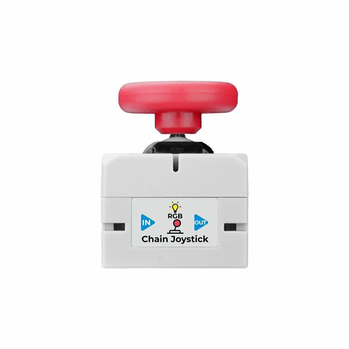 Ein roter Joystickknopf, beschriftet mit 'Chain Joystick', mit 'IN'- und 'OUT'-Pfeilen, versehen mit einem Symbol, das einem Lichtsymbol ähnelt und mit 'RGB' gekennzeichnet ist.