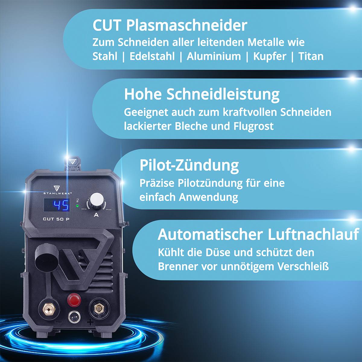 CUT Plasmaschneider' Gerät mit digitaler Anzeige und Drehknöpfen. Merkmale: hohe Schneideleistung, Pilzzündung und automatischer Luftstrom.