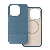 Blaue und beige Smartphone-Hülle mit Strukturmuster, Innenansicht mit MagSafe-Kompatibilität.