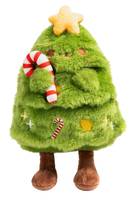 Ein flauschiges Plüschtier in Form eines Weihnachtsbaums, geschmückt mit einem kleinen rot-weiß gestreiften Zuckerstange und einem Stern an der Spitze.
