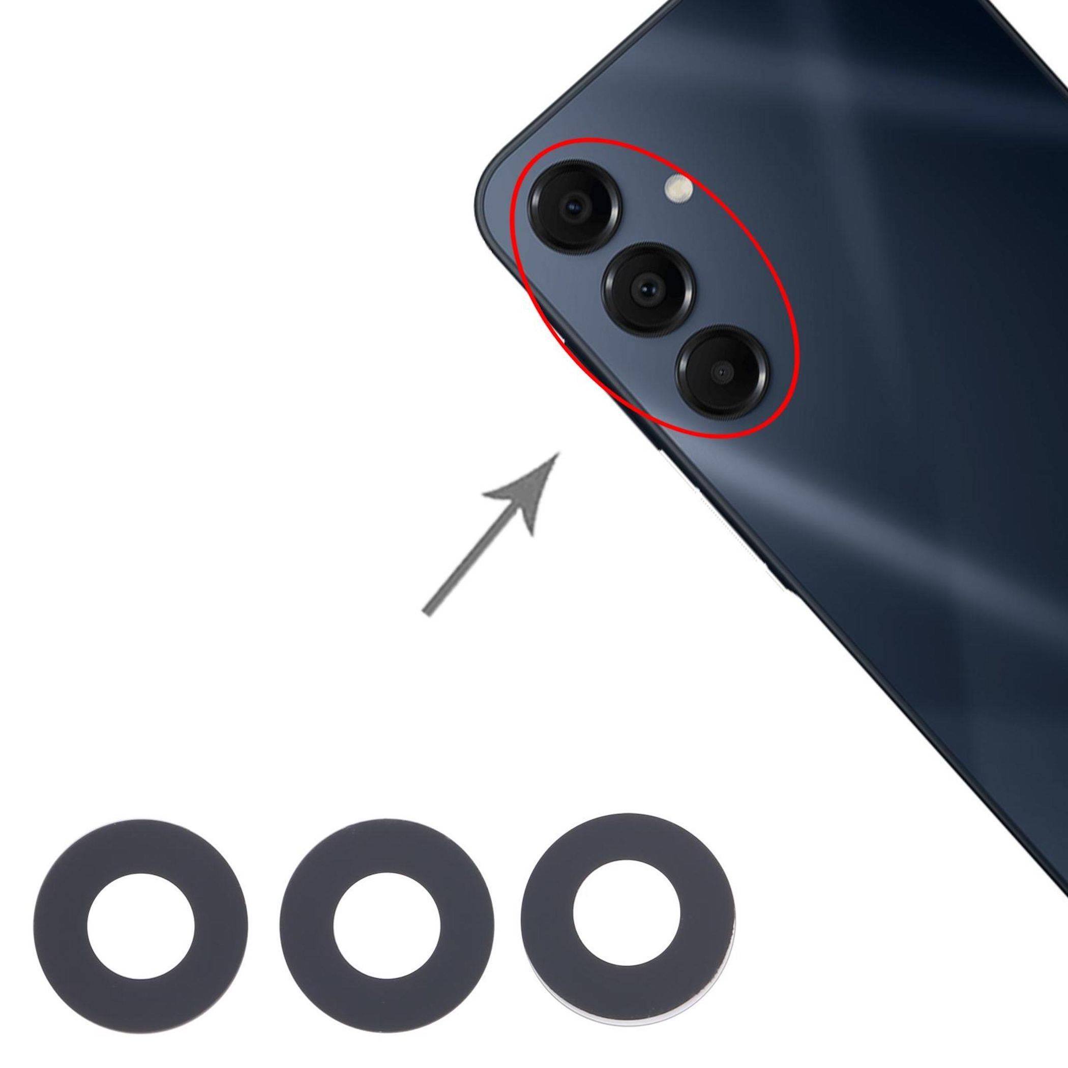 Ein Smartphone mit drei Kameraobjektiven, die von einem roten Kreis hervorgehoben werden, und drei Objektivschutzringen, die unterhalb mit einem nach oben weisenden Pfeil gezeigt werden.