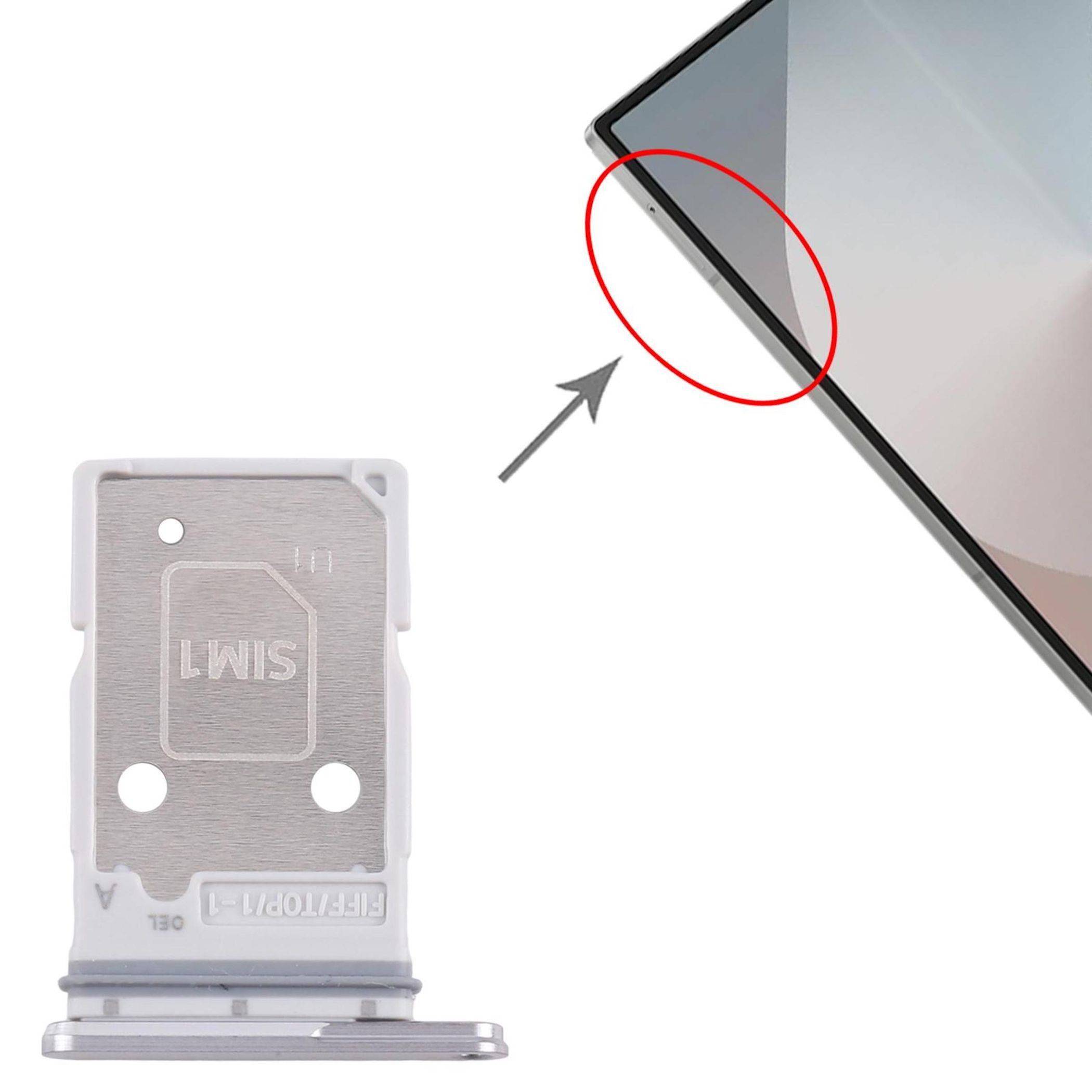Ein SIM-Kartenfach neben einem Smartphone mit einem Pfeil, der die richtige Einschubposition des Faches in das Telefon anzeigt.