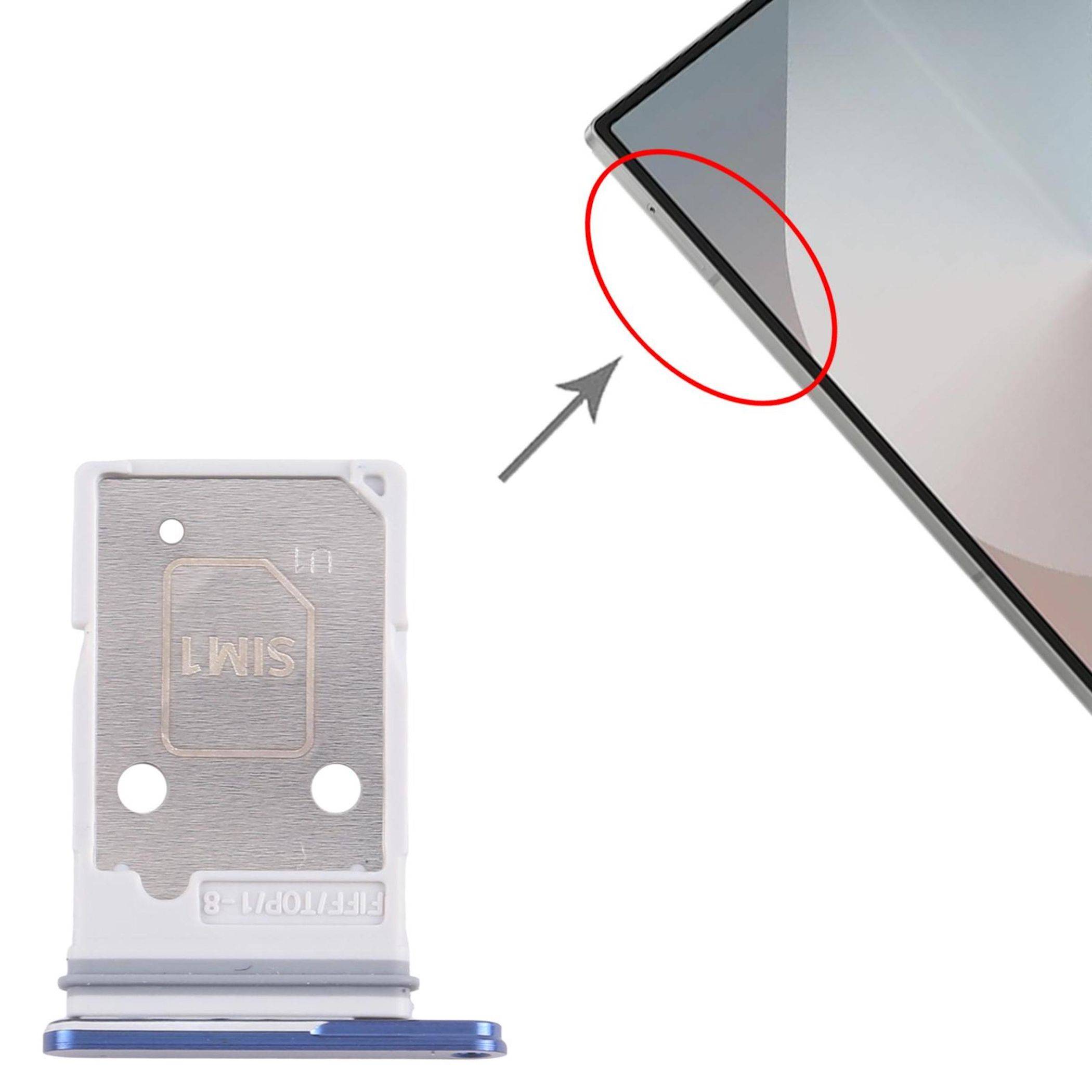 Eine SIM-Kartenschublade-Ausstoßernadel neben einem Smartphone mit einem roten Kreis, der den SIM-Kartensteckplatz hervorhebt. Ein Pfeil zeigt auf den Standort des Steckplatzes.