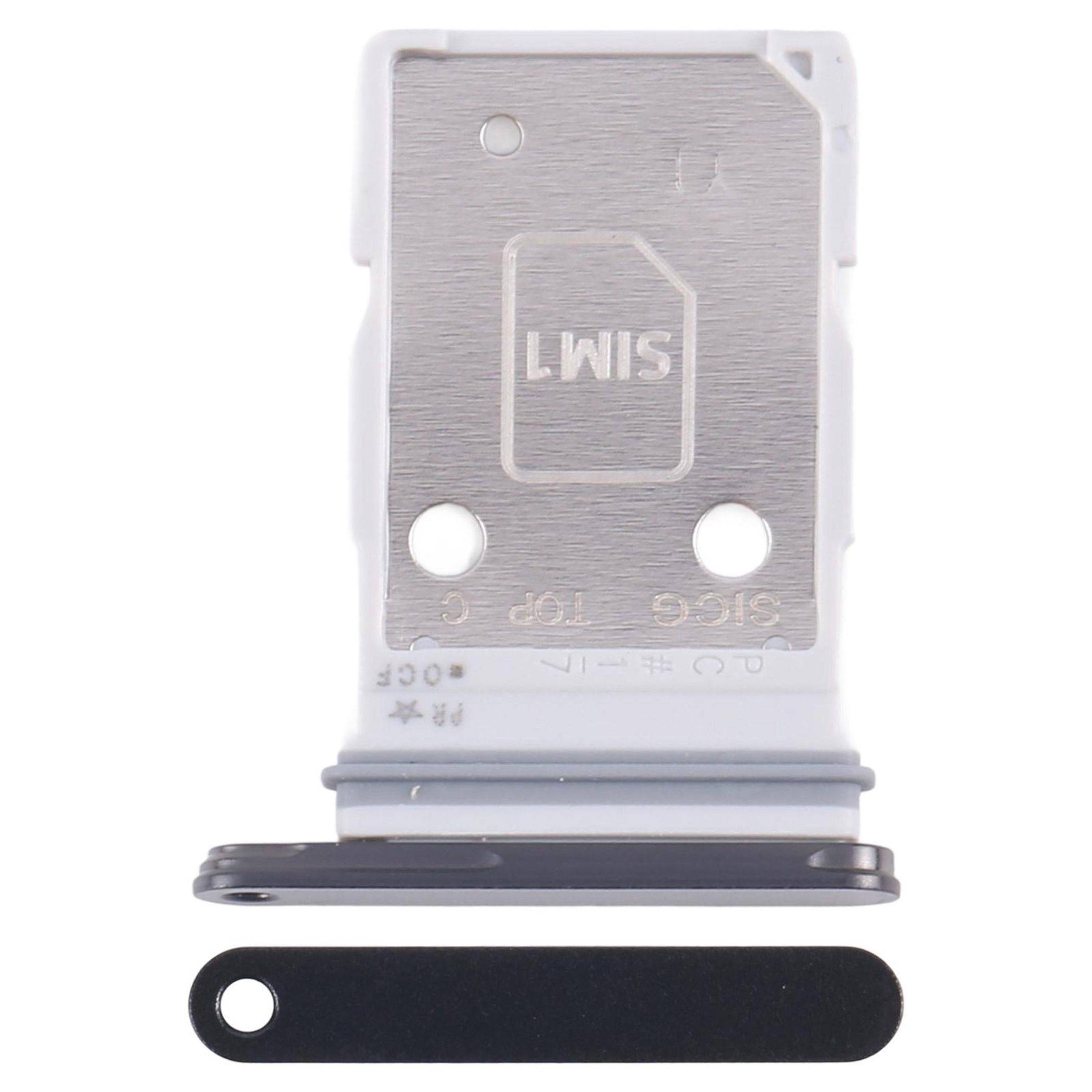 Ein weißes SIM-Kartenfach mit Metallic-Finish, zum Einsetzen in ein mobiles Gerät ausgelegt. Daneben liegt ein kleines schwarzes Werkzeug zur Ausstoßung.