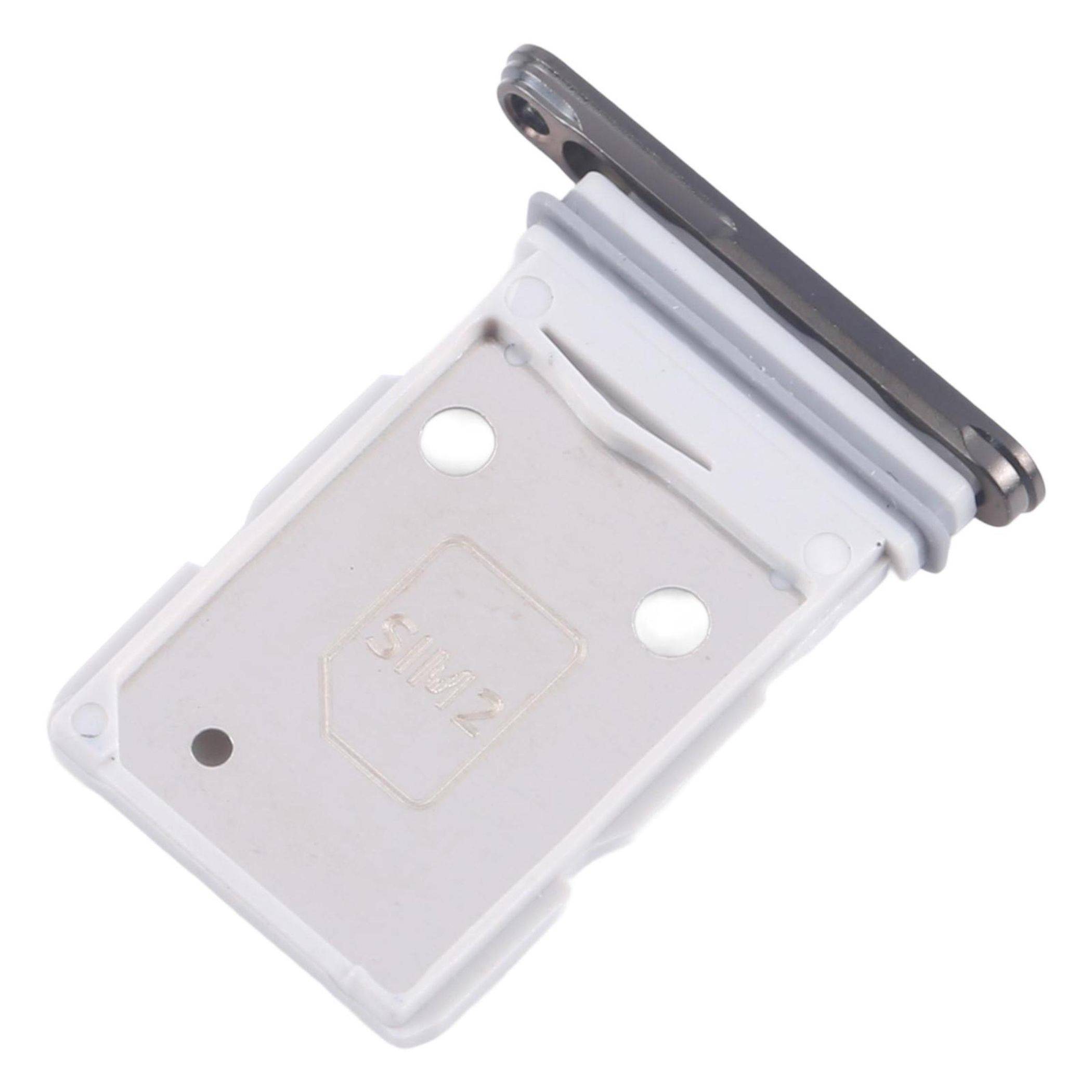 Weißes Smartphone-SIM-Karteneinschub mit zwei kleinen Löchern und einer Beschriftung 