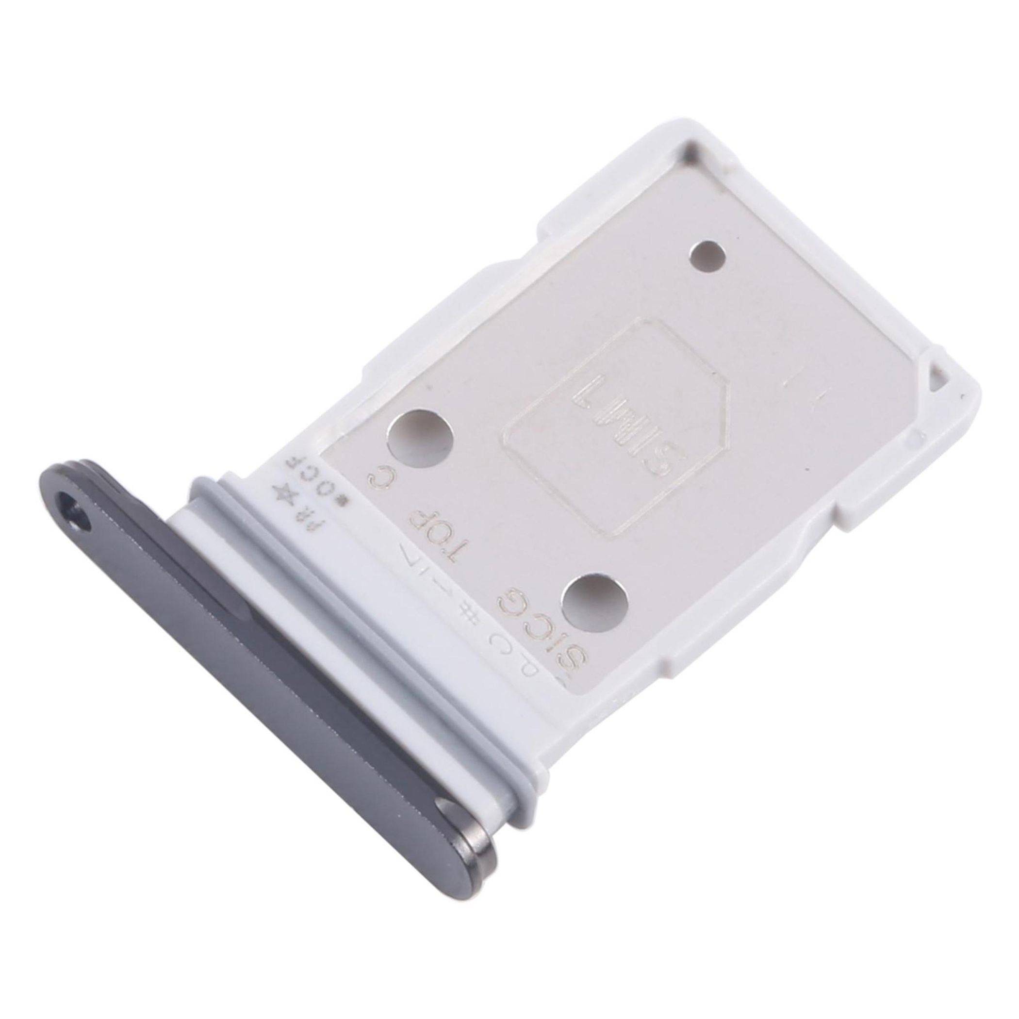 Ein weißer SIM-Kartenhalter für ein mobiles Gerät mit metallischer Kante, beschriftet mit 