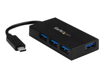 Ein schwarzer USB-Hub mit drei USB-Anschlüssen und einem USB-C-Anschluss.