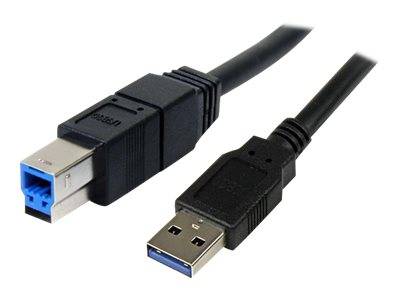 USB 3.0-Kabel mit blauen Anschlüssen an beiden Enden, ausgestattet mit einem Standard-USB-A-Stecker und einem USB-B-Stecker, für Datenübertragung mit hoher Geschwindigkeit.