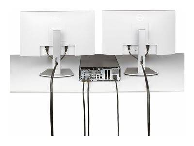 Eine Computereinrichtung, die die Rückseite von zwei Monitoren zeigt, die mit einer zentralen Dockingstation über mehrere Kabel verbunden sind.