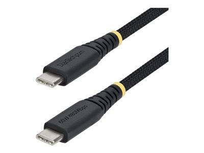Zwei geflochtene schwarze USB-C-Kabel mit grauen Anschlüssen und gelben Akzenten, gekennzeichnet mit ‚StarTech.com' und ‚60W 4K60Hz'.