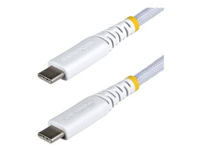 Zwei weiße USB-C-Kabel mit strukturierten Griffbereichen und gelben Akzenten in der Nähe der Anschlüsse.