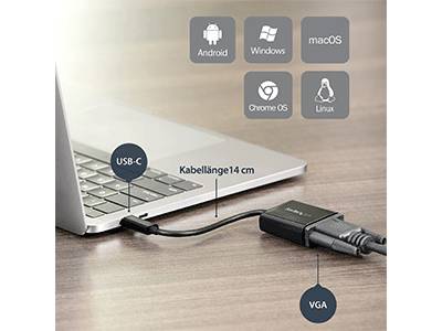Ein Laptop, der an einen USB-C zu VGA-Adapter angeschlossen ist und Kompatibilitäts-Icons für Android, Windows, macOS, Chrome OS und Linux zeigt.