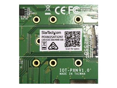 Eine grüne Leiterplatte mit der Beschriftung 'IOT-PXN V1.0', einem QR-Code, der Produktbezeichnung 'StarTech.com PEXM2SAT32N1' und dem Aufdruck 'MADE IN TAIWAN'.