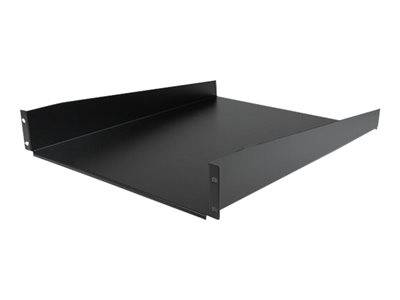 Ein schwarzes Metallregal, in schräger Ansicht, das seine Tiefe und sein cleanes Design zeigt, geeignet zum Organisieren oder Präsentieren von Gegenständen.