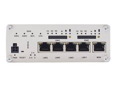 Ein Netzwerk-Router mit Anzeigen für WAN, SIM, WLAN und Ethernet. Anschlüsse beschriftet: SIM1, SIM2, LAN1-4, WAN, mit LEDs für Signalstärke.