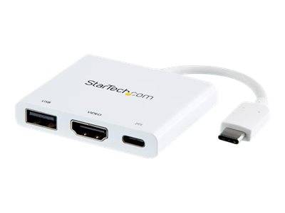 Ein weißer StarTech USB-C Multiport-Adapter mit USB-, HDMI- und USB-C-Anschlüssen.