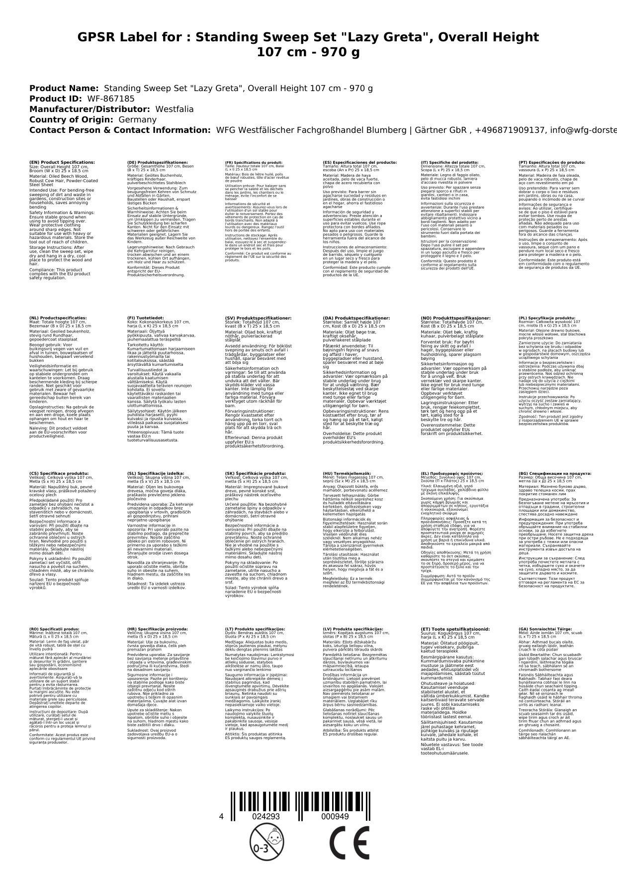 Steh Kehrgarnitur "Faule Grete", Gesamthöhe 107 cm - 970 g