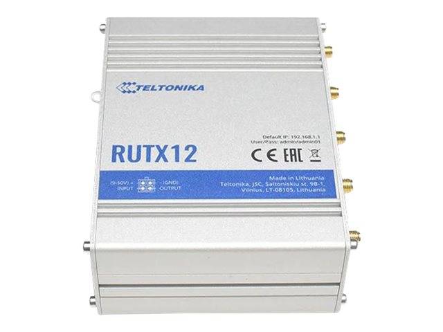 Teltonika RUTX12' Industrierouter mit Metallgehäuse, beschriftet mit Anschlussports und technischen Informationen.