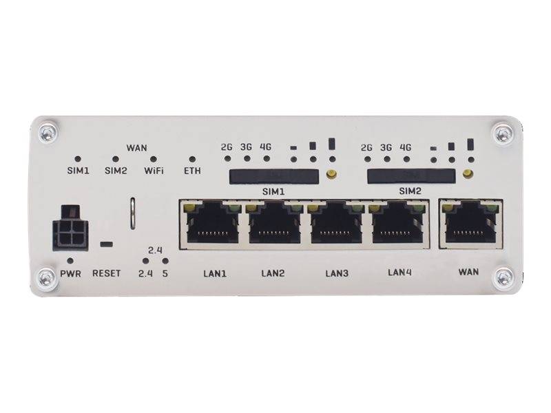 Netzwerk-Router mit vier LAN-Anschlüssen, zwei SIM-Kartensteckplätzen sowie WAN-, ETH- und WLAN-Statusleuchten.