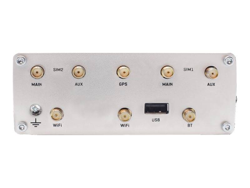 Das Bild zeigt ein Panel mit Anschlüssen, die wie folgt beschriftet sind: SIM2, AUX, GPS, MAIN, SIM1, AUX, WiFi, USB, BT und ein Erdungssymbol.