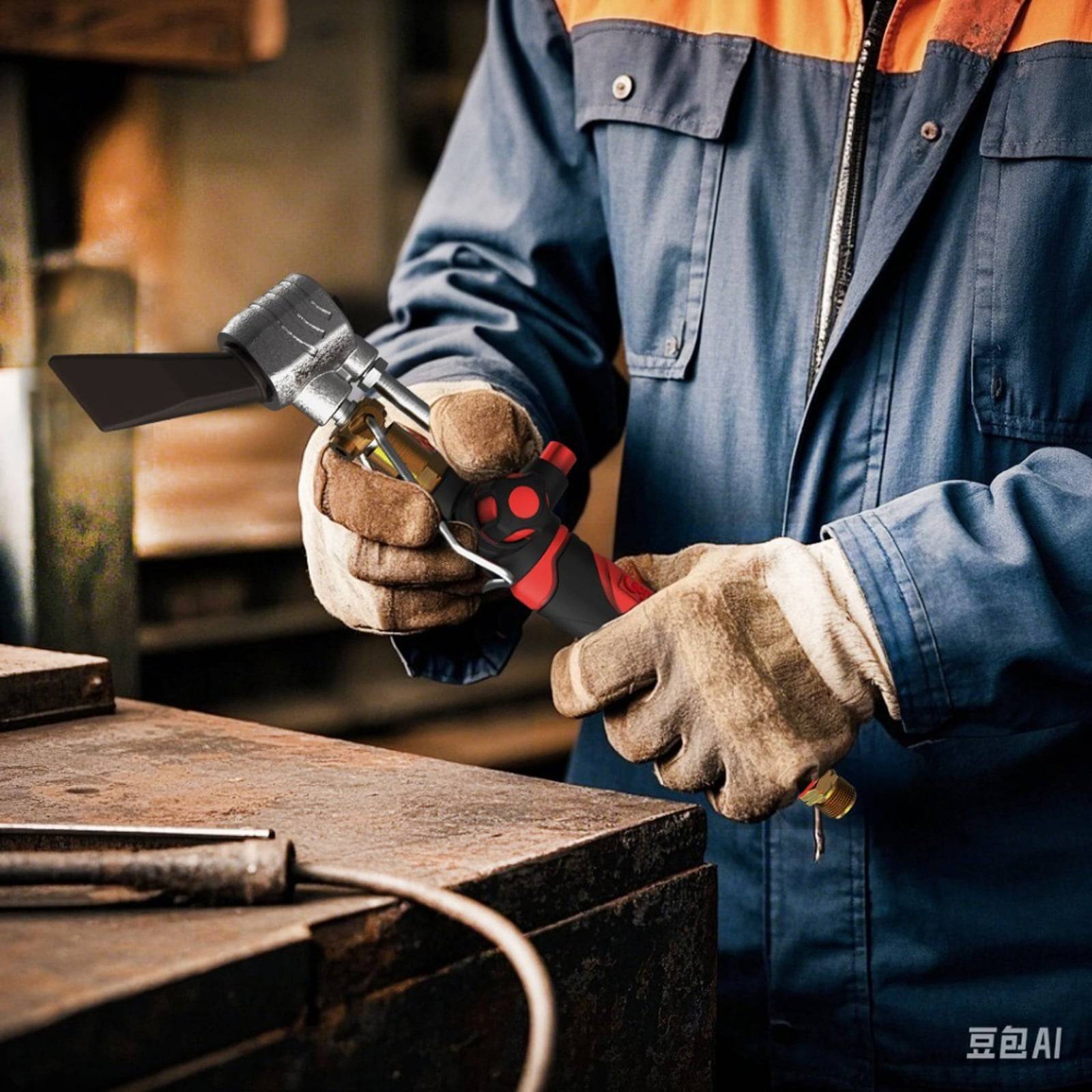 Ein Arbeiter in Schutzausrüstung bedient einen modernen elektrischen Schrauber auf einer Metalloberfläche und demonstriert dabei Industriewartungsarbeiten.