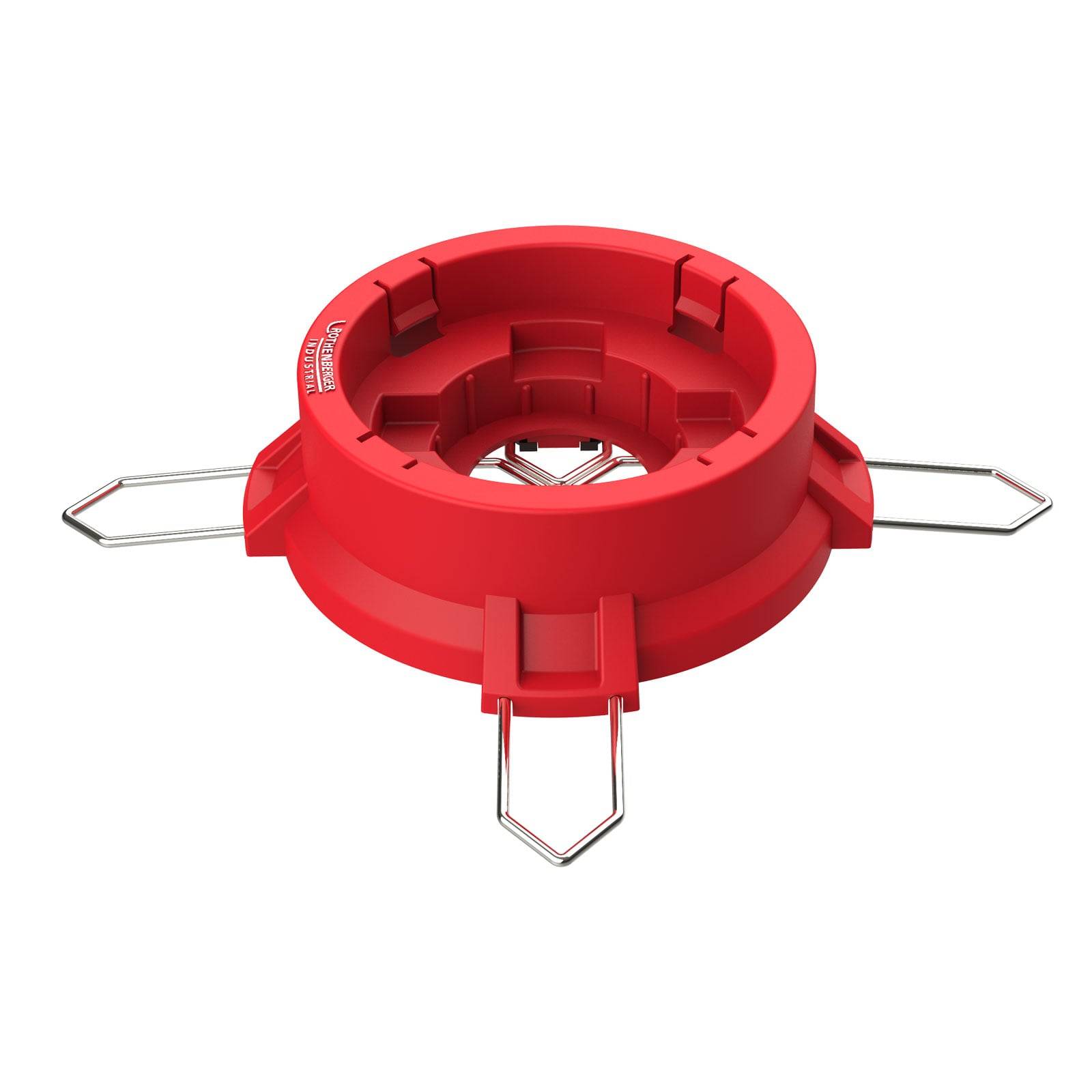 Eine rote, kreisförmige Kunststoff-Deckenkasten-Abdeckung mit drei nach außen ragenden Metallhaken, konzipiert zum Schutz und zur Montage elektrischer Geräte.