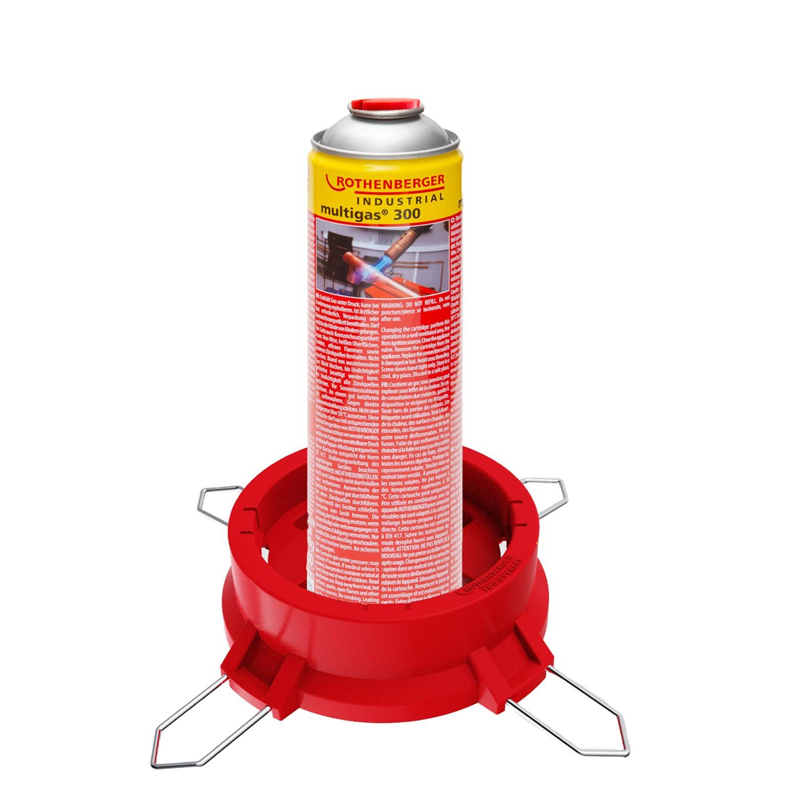 Ein roter Ständer, der eine gelbe Mehrzweck-Gaskartusche von Rothenberger unterstützt, die für industrielle Anwendungen verwendet wird.