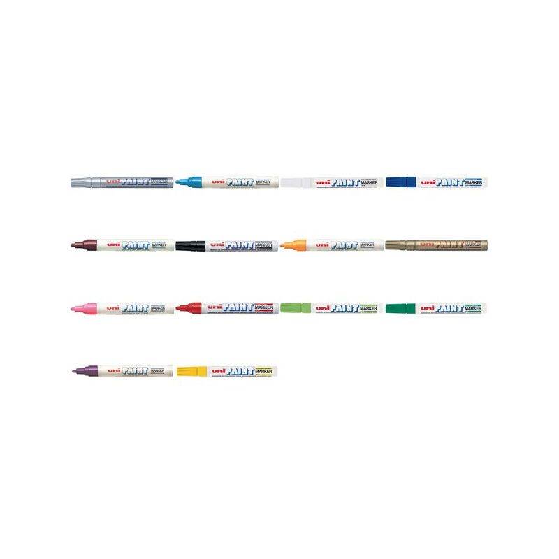 Fünf Linien von Uni Paint Markern in verschiedenen Farben: Silber, Blau, Weiß, Schwarz, Orange, Gold, Pink, Rot, Grün und Lila.