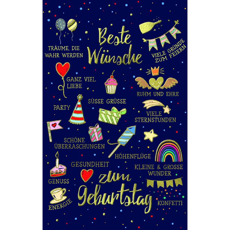 Eine farbenfrohe Geburtstagskarte mit deutschen Redewendungen, die gute Wünsche feiern, einschließlich 'Beste Wünsche', 'Ganz viel Liebe' und 'Zum Geburtstag'.