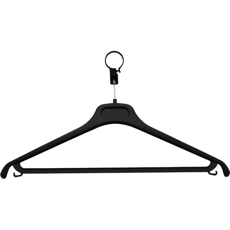 Ein schwarzer Kunststoff-Kleiderbügel zum Aufhängen mit einer kreisförmigen Hakenbefestigung, konzipiert zum Sichern von Kleidungsstücken in einem Kleiderschrank.