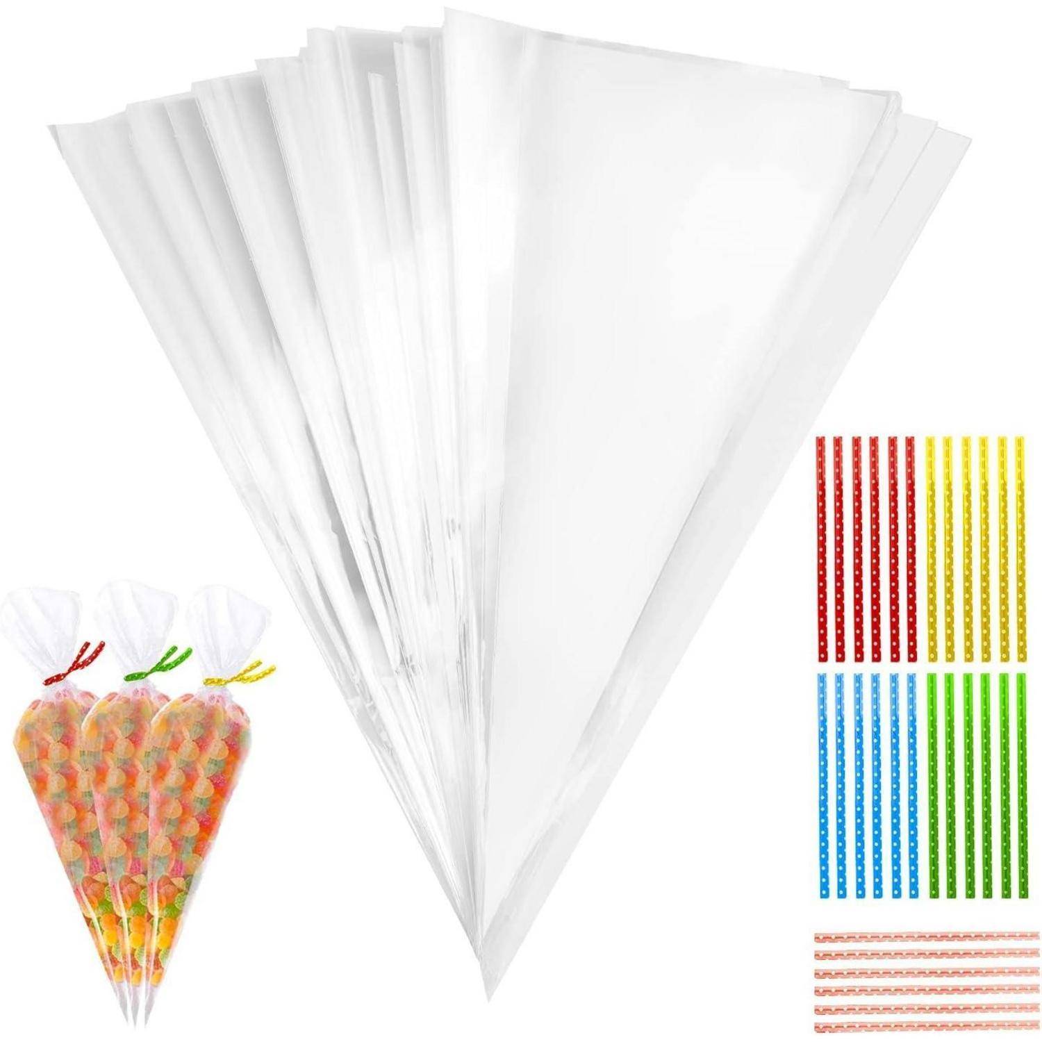 Durchsichtige, konische Zellophan-Tüten mit bunten Verdrehverschlüssen, geeignet für die Verpackung von Süßigkeiten oder Leckereien, in fünf Farbvariationen dargestellt.
