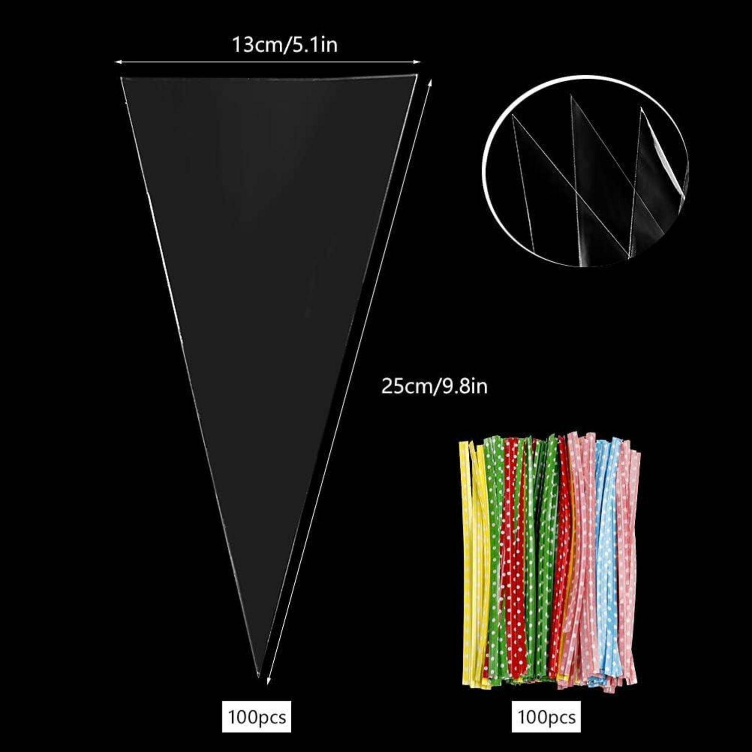 Schwarze dreieckige Plastiktüten, 100 Stück, je 13 cm/5,1 Zoll breit und 25 cm/9,8 Zoll hoch. Inklusive bunter Verschlussbänder, 100 Stück.