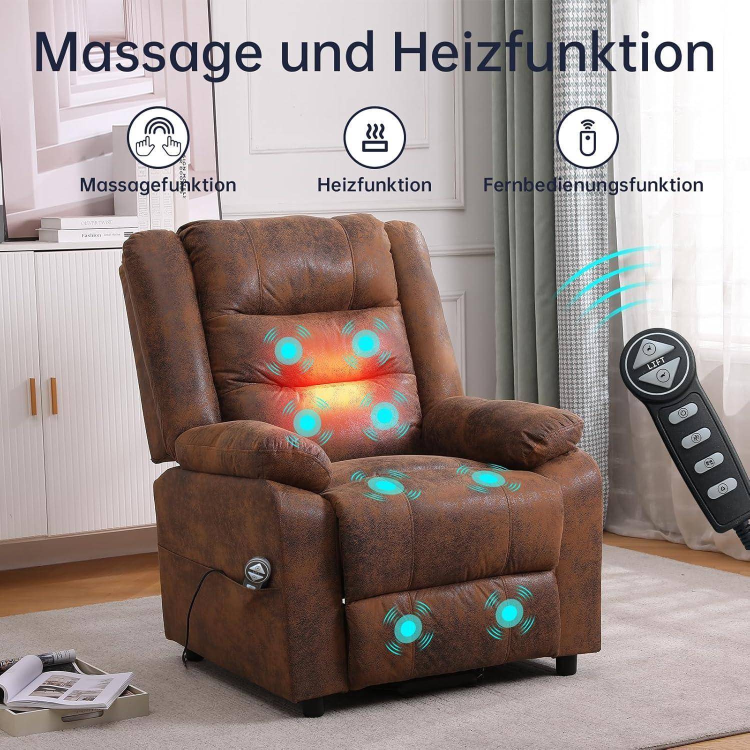 Ein brauner Relaxsessel mit Massage- und Heizfunktionen, steuerbar per Fernbedienung. Deutschsprachiger Text hebt diese Funktionen hervor.