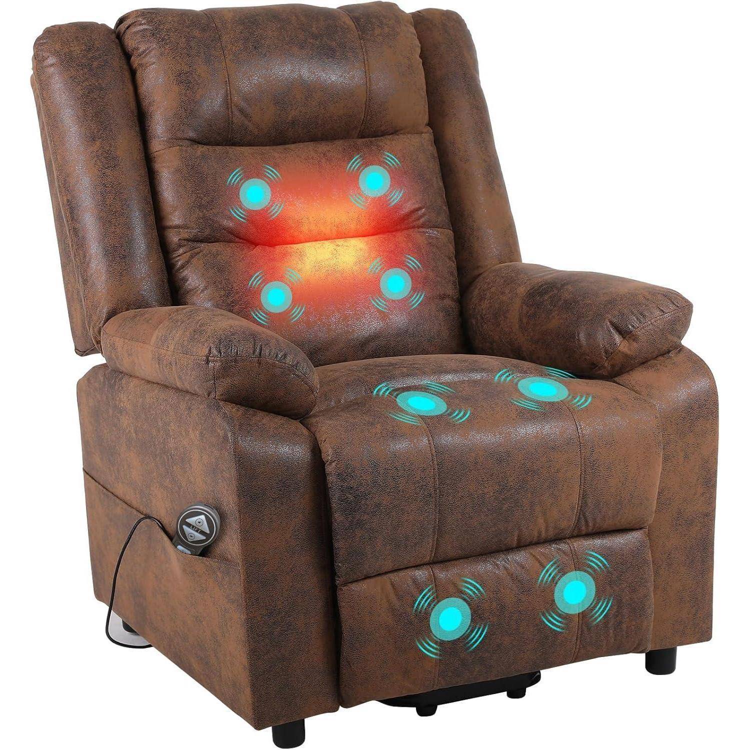 Ein brauner Relaxsessel mit Massagefunktionen. Er verfügt über blaue Anzeigen, die die Massagebereiche für Rücken, Sitzfläche und Fußstütze zeigen.