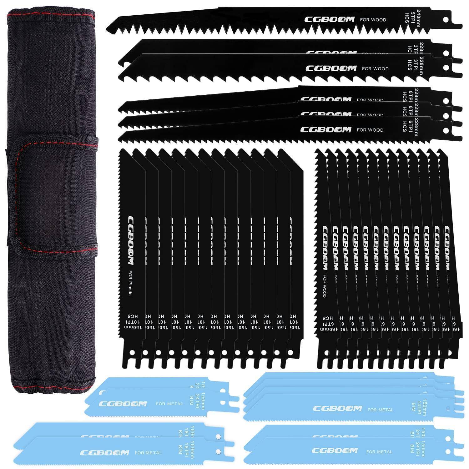 Eine Reihe von schwarzen und blauen Sägeblättern in verschiedenen Größen und Zahnanzahlen, nebeneinander angeordnet, mit einer schwarzen Stoff-Rolltasche daneben.