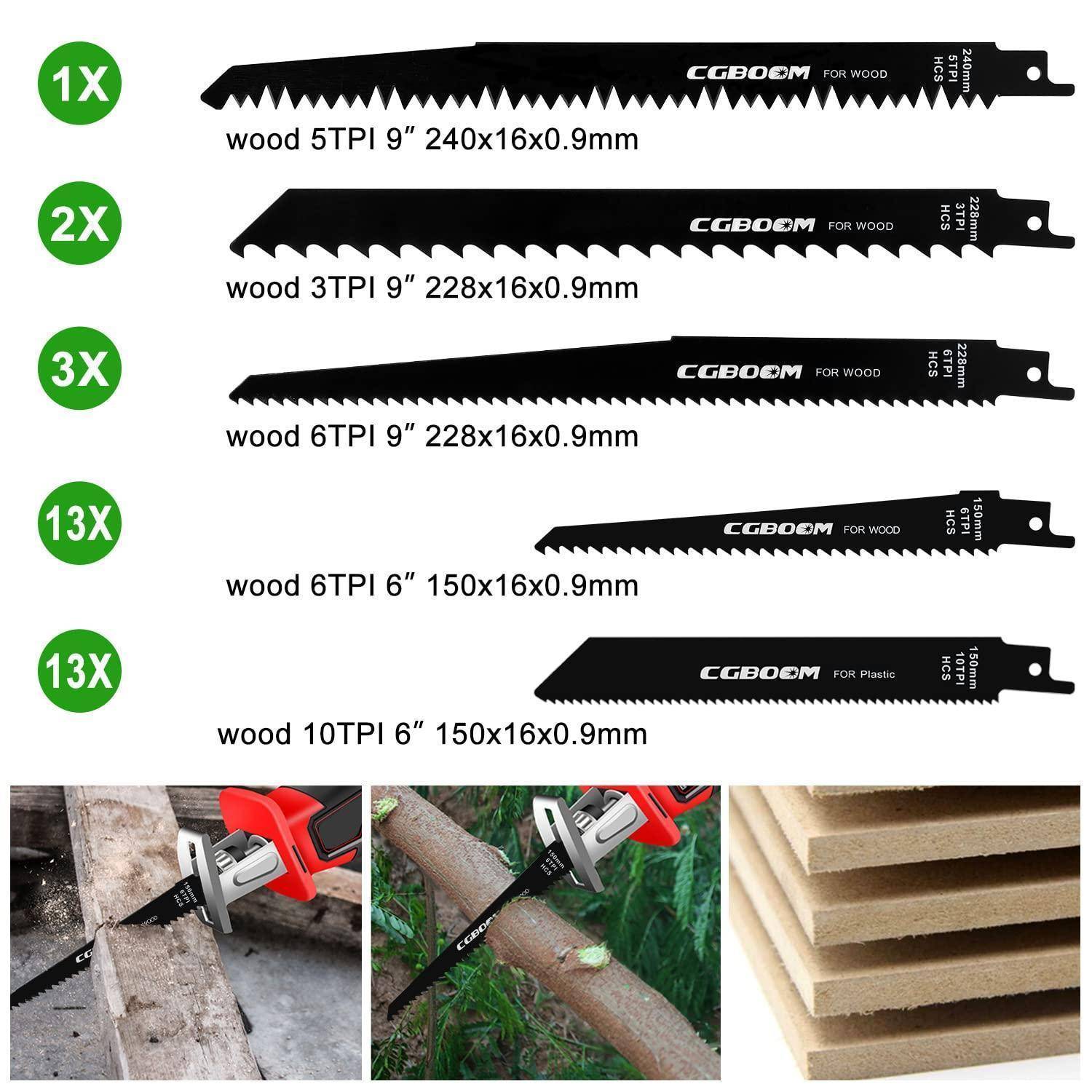 Sägeblatt-Set für Holzbearbeitung: 1x Holz 5 Zähne pro Zoll, 2x Holz 3 Zähne pro Zoll, 3x Holz 6 Zähne pro Zoll, 13x Holz 6 Zähne pro Zoll, 13x Holz 10 Zähne pro Zoll. Enthält Bilder von Sägeblättern im Einsatz.