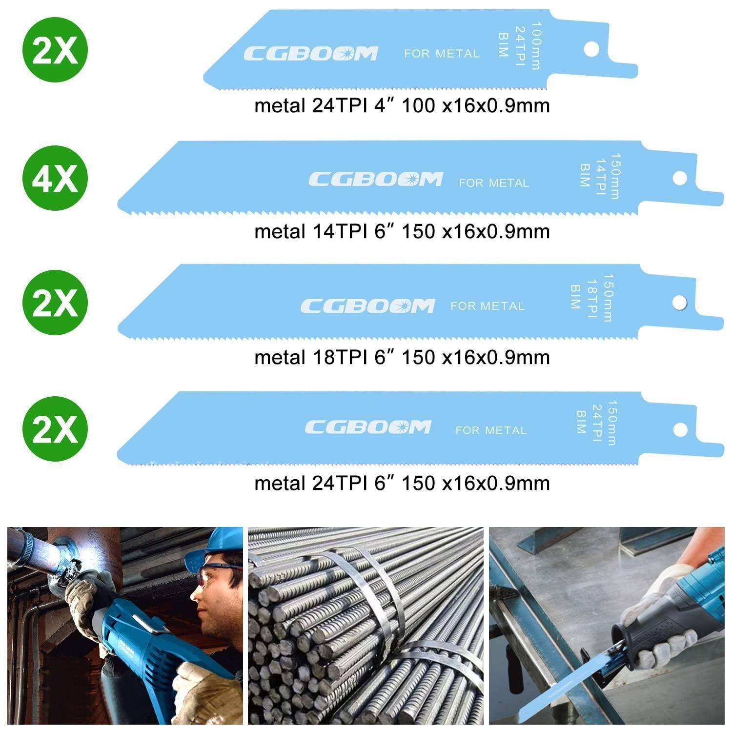 Sägeblätter zum Metallschneiden; umfasst 2x 4-Zoll mit 24 Zähnen pro Zoll, 4x 6-Zoll mit 14 Zähnen pro Zoll, 2x 6-Zoll mit 18 Zähnen pro Zoll, 2x 6-Zoll mit 24 Zähnen pro Zoll. Bilder zeigen Verwendung und geschnittene Materialien.