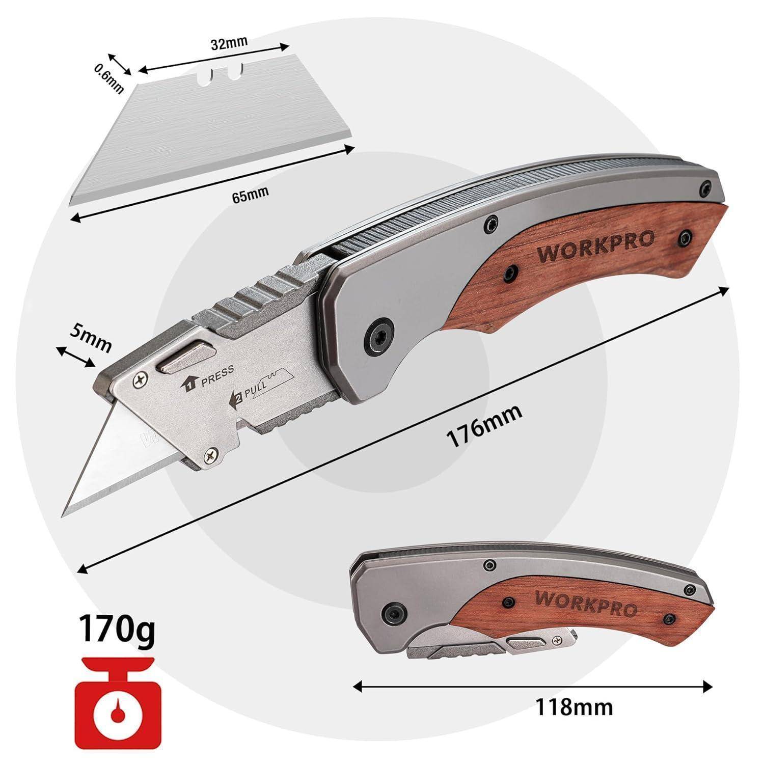 Klappmesser mit Holzgriff, geöffnet und geschlossen dargestellt. Abmessungen: geöffnet 176 mm, geschlossen 118 mm. Klingenlänge 65 mm. Gewicht: 170 g.