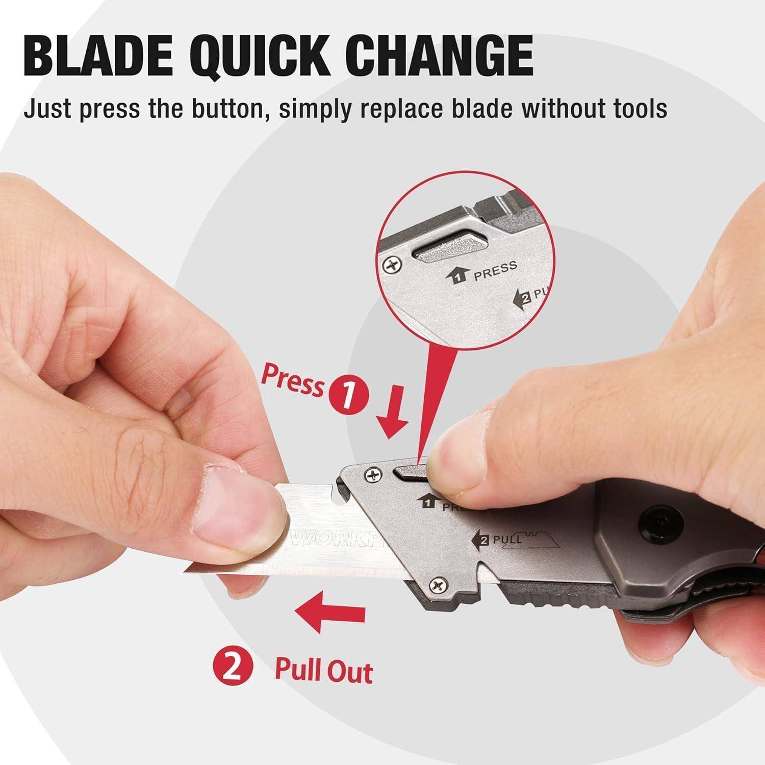 Die Anweisungen zum 'Blade Quick Change' zeigen das Drücken eines Knopfes an einem Universalmesser, um die Klinge zur einfachen Ersetzung ohne Werkzeuge zu lösen.