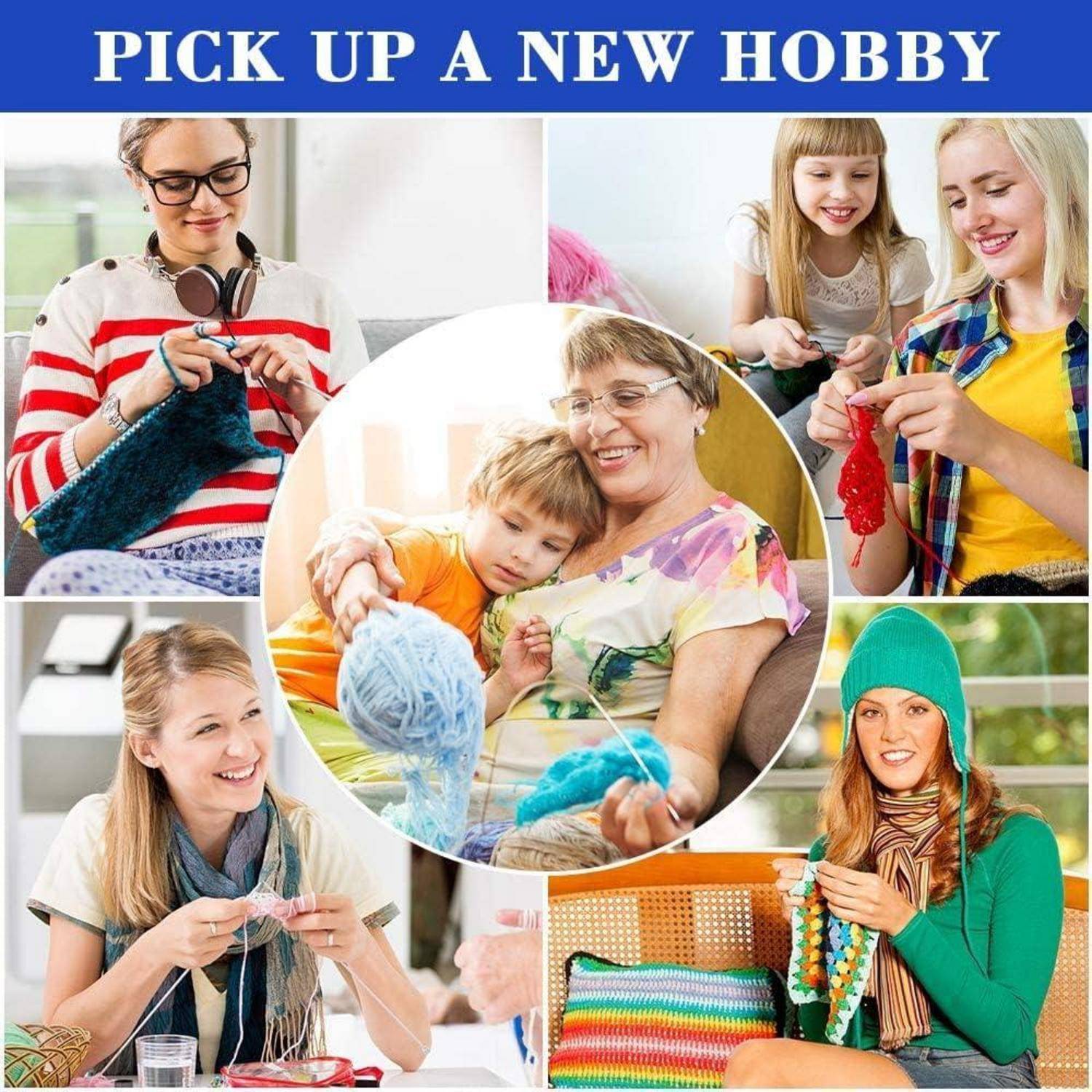 Ein Collage von Menschen beim Stricken mit dem Text 