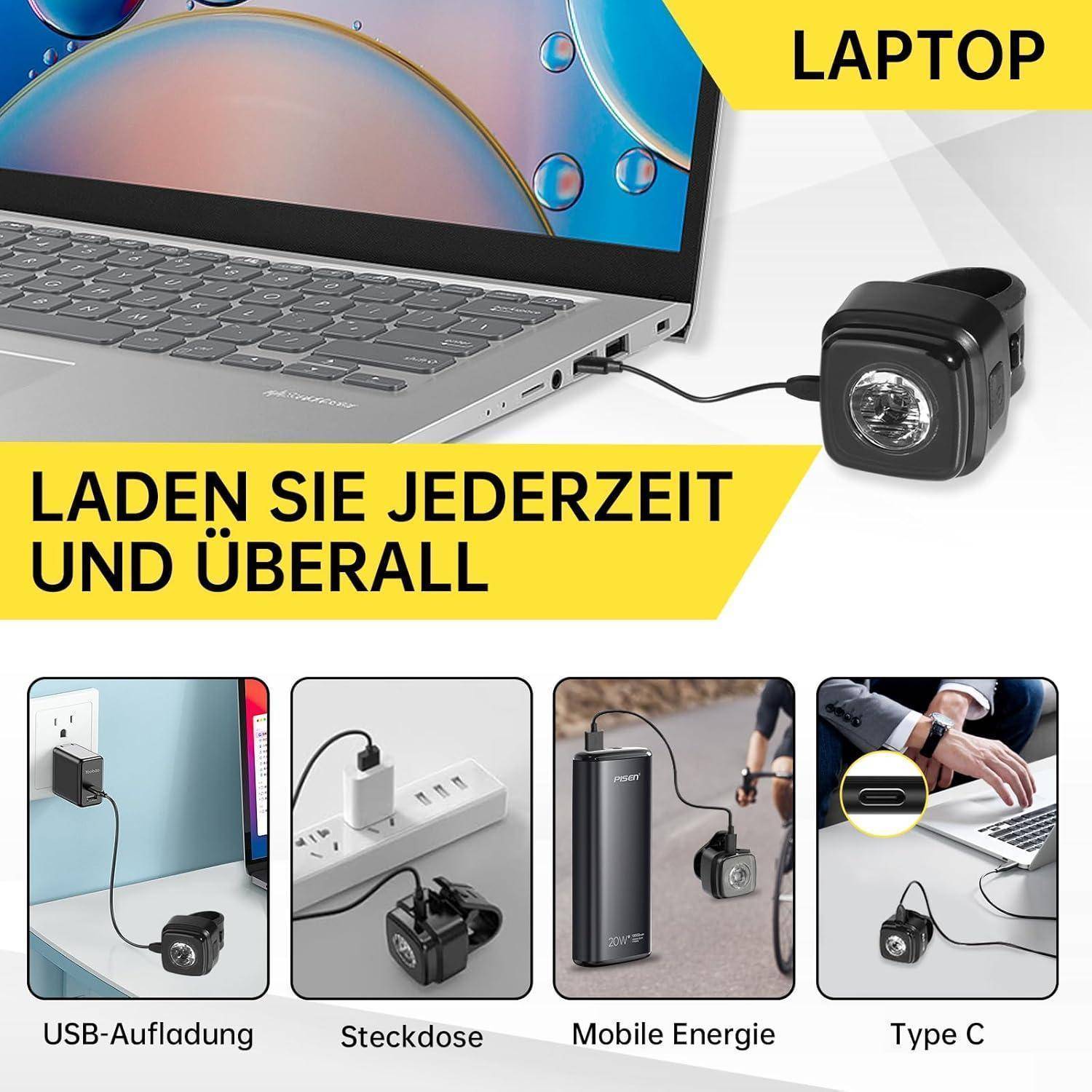 Ein Laptop ist an eine Stromquelle angeschlossen. Der Text lautet: 'Laden Sie jederzeit und überall', was vielseitige Lademöglichkeiten über USB, Steckdose, mobile Energie und Typ C andeutet.