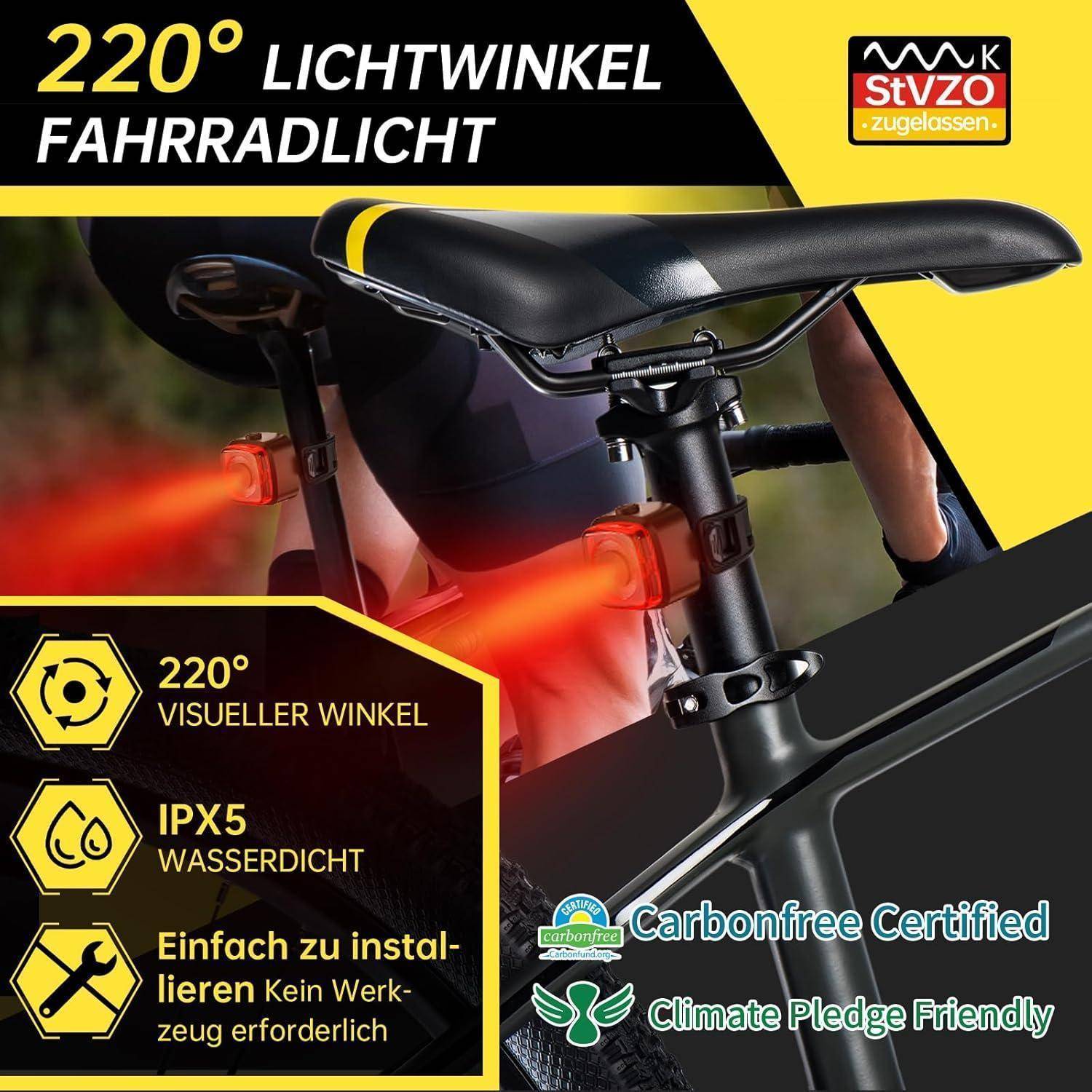 Ein Fahrradsattel mit einem angebrachten, hellroten, 220-Grad-Weitwinkel-LED-Fahrrradlicht. Texthervorhebungen betonen die Wasserdichtigkeit und einfache Installation.