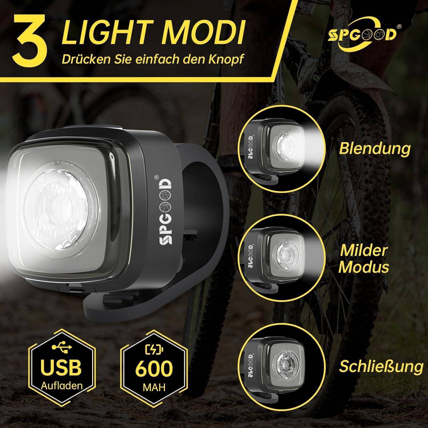 Fahrradlicht mit drei Modi: 'Blendung', 'Milder Modus' und 'Schließung'. Ausgestattet mit USB-Ladung und 600-mAh-Akku.