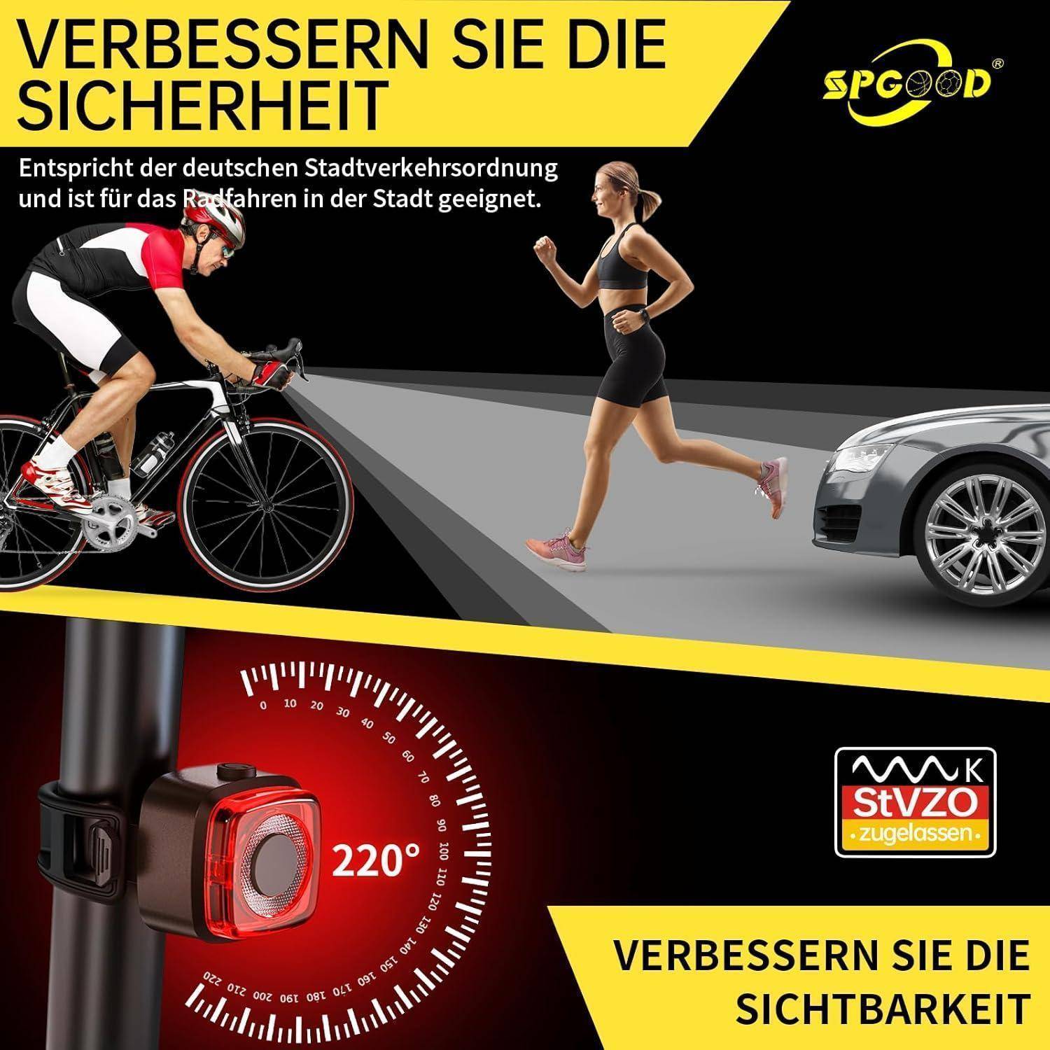 Ein Radfahrer und ein Läufer, die nachts einen Weg nutzen; das Rücklicht des Radfahrers zeigt '220' neben Zertifizierungssymbolen, was die Sichtbarkeit und Sicherheit betont.
