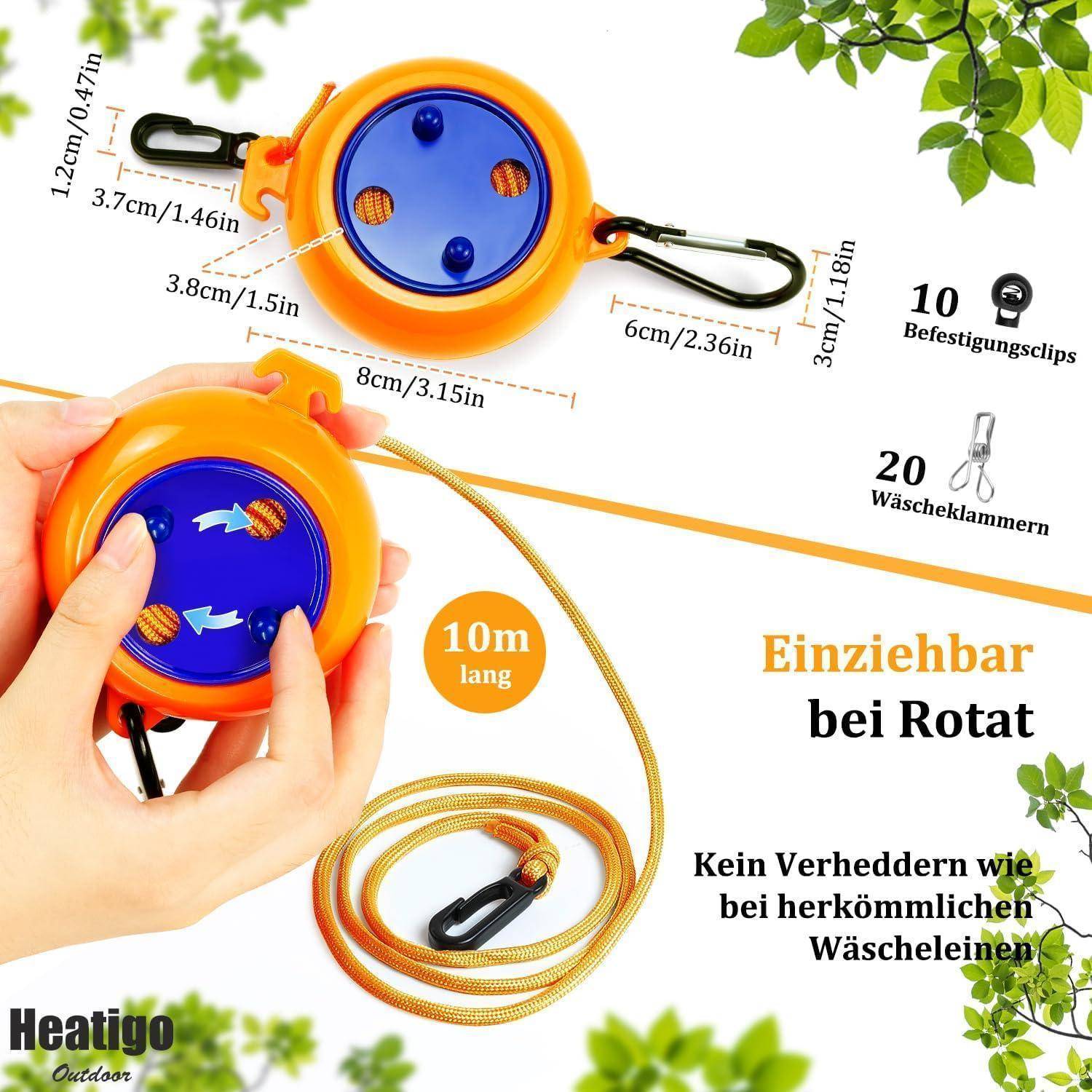 Eine orangefarbene einziehbare Wäscheleine, 10m lang mit Wandhaken, wird gezeigt. Sie enthält 10 Clips und 20 Wäscheklammern für verhedderungsfreies Aufhängen.
