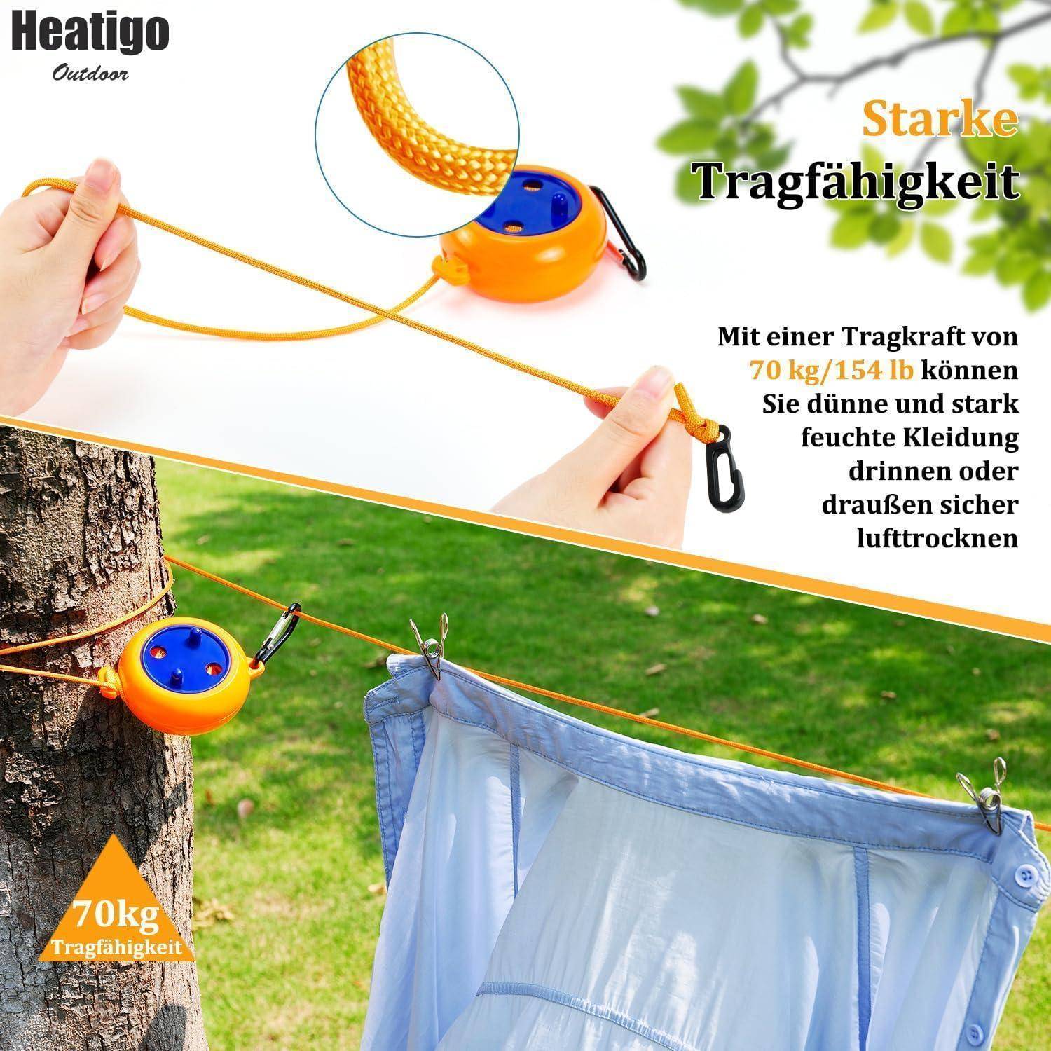 Eine Person spannt eine gelbe Wäscheleine mit einem orangefarbenen Verschlussmechanismus. Der Text hebt die 'Starke Tragfähigkeit' hervor und gibt eine Tragfähigkeit von 70 kg für das Wäschetrocknen im Freien an.
